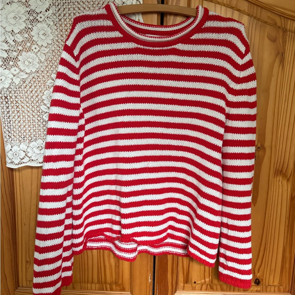 a new day Red and White Striped Crewneck Sweater